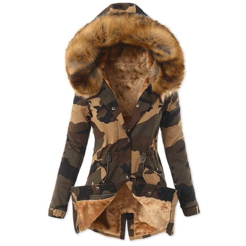 Women's Cotton Fur Collar Drawstring Camouflage Thermal Coats