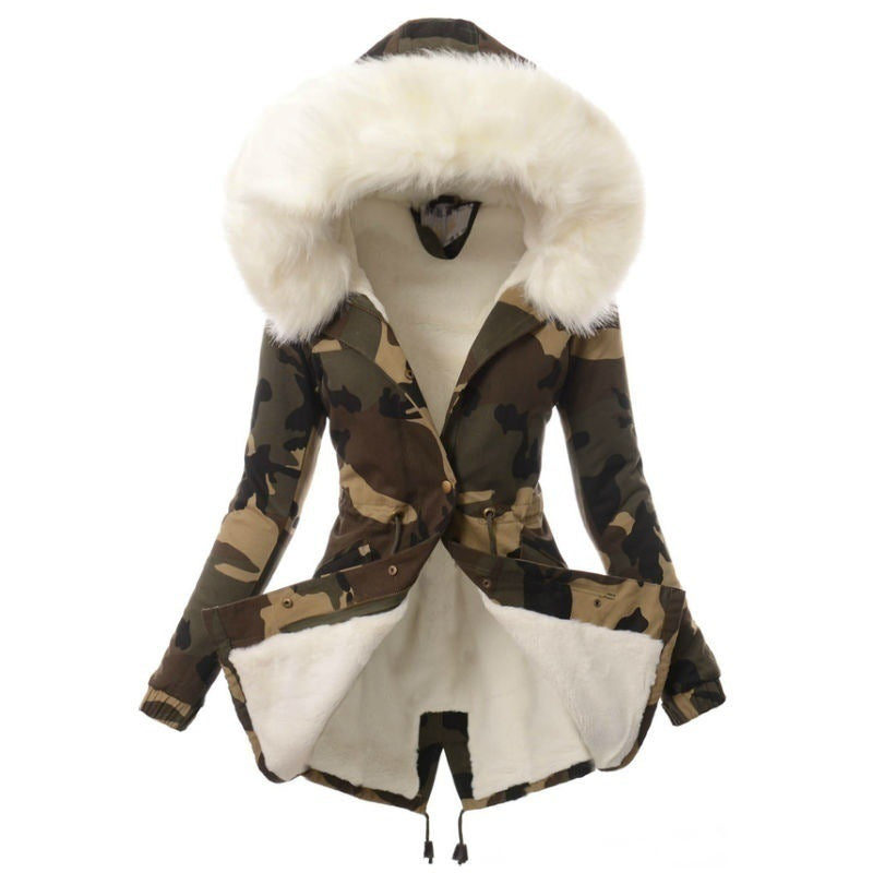 Women's Cotton Fur Collar Drawstring Camouflage Thermal Coats