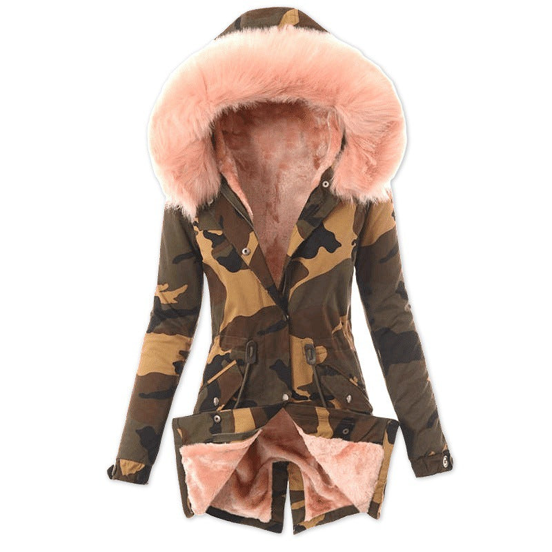 Women's Cotton Fur Collar Drawstring Camouflage Thermal Coats