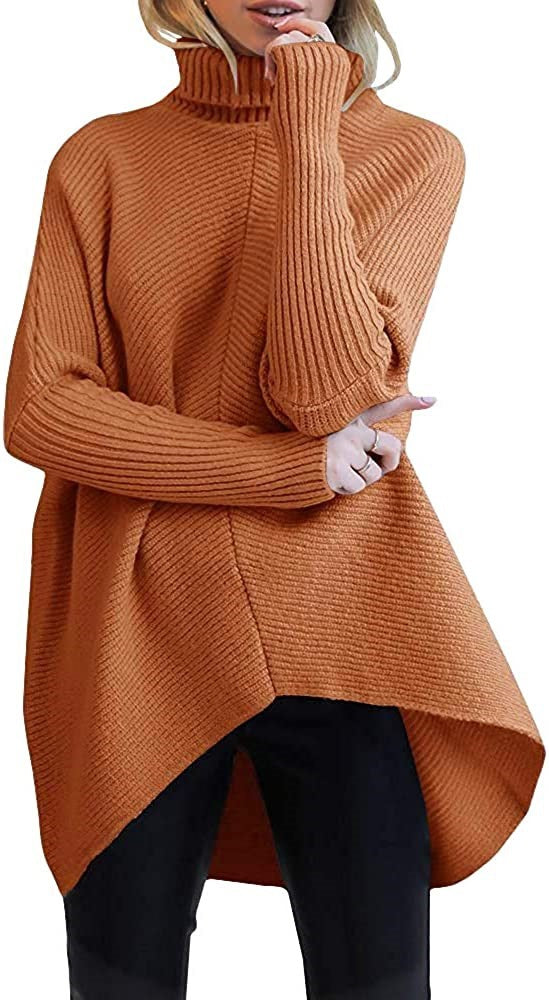 Women's Irregular Hem Turtleneck Pullover Long Sleeve Sweaters