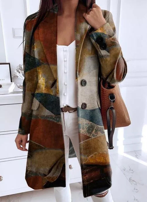 Women's Art Print Loose Oversized Woolen Coats