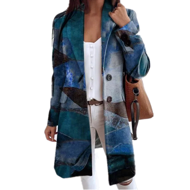 Women's Art Print Loose Oversized Woolen Coats