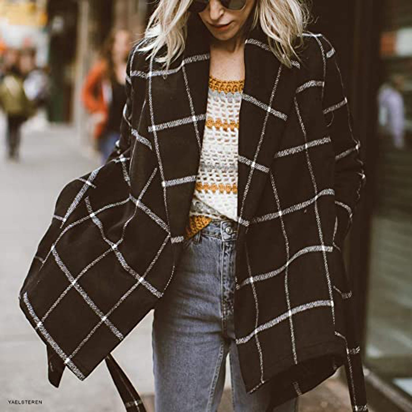 Women's Plaid Color Matching Woolen Mid-length Trench Coats