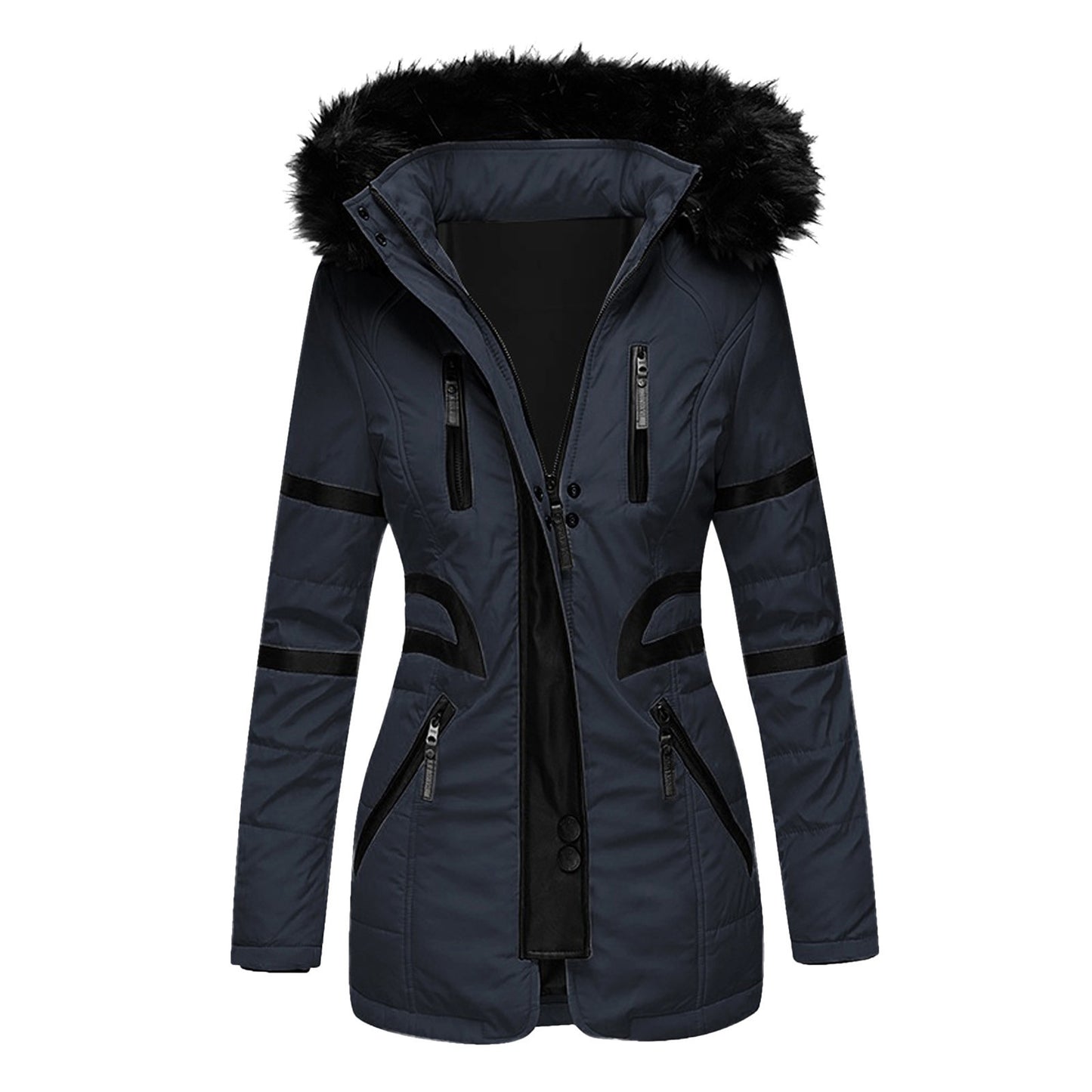 Women's Contrast Color Zipper Big Fur Collar Three-dimensional Coats