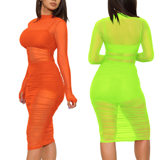 Plaid Nightclub Mesh Dress Three-piece Set Dresses