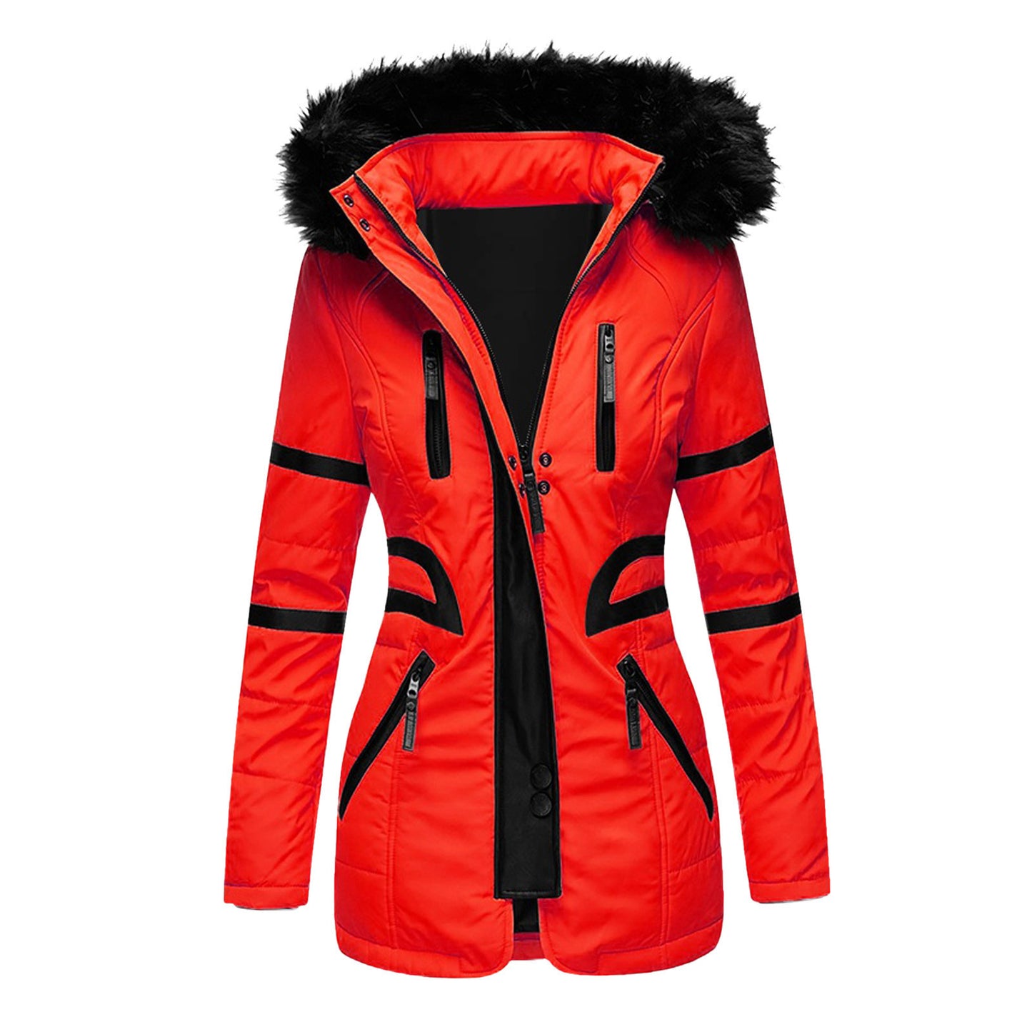 Women's Contrast Color Zipper Big Fur Collar Three-dimensional Coats