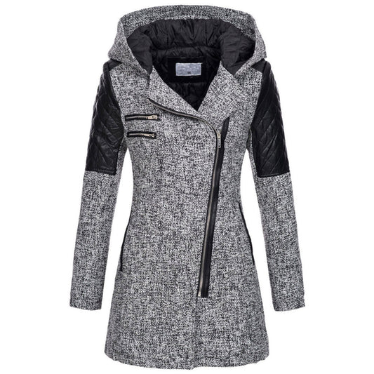 Women's Zipper Hooded Woolen Trench Mid-length Thick Coats