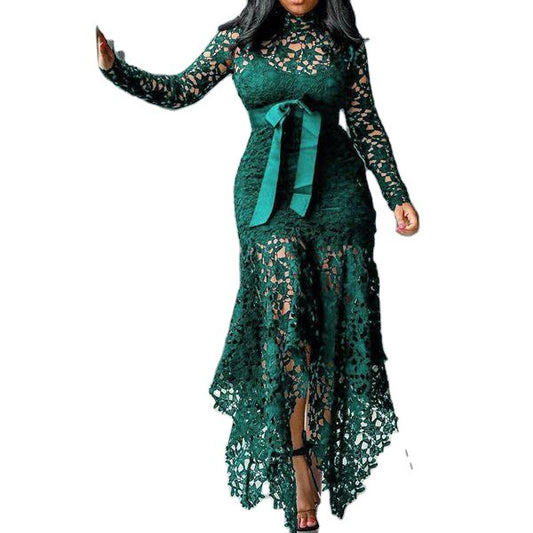 Women's Long Sleeve Stand-up Collar Tie Color Dresses