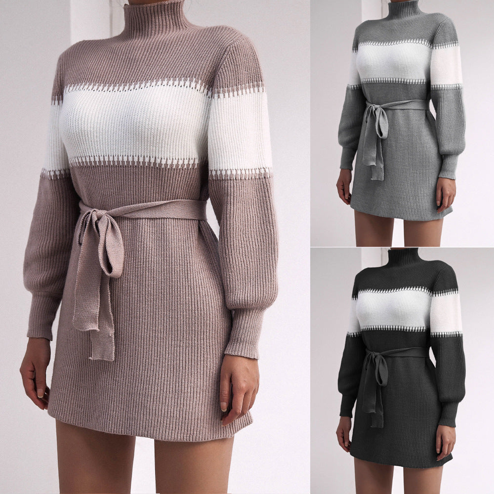 Women's Clearance Long Sleeve Casual Multicolor Half Turtleneck Dress