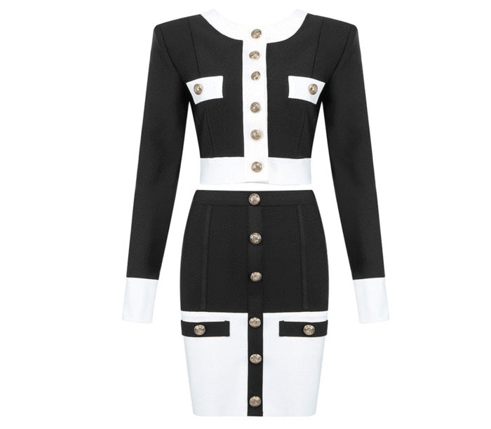Elegant Black White Color Matching Breasted A- Line Cardigans