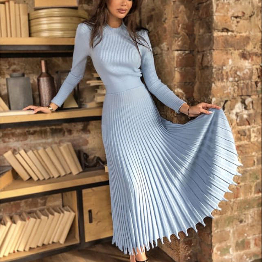 Women's Elegant Solid Color Pleated Mid-length Knitted Dresses