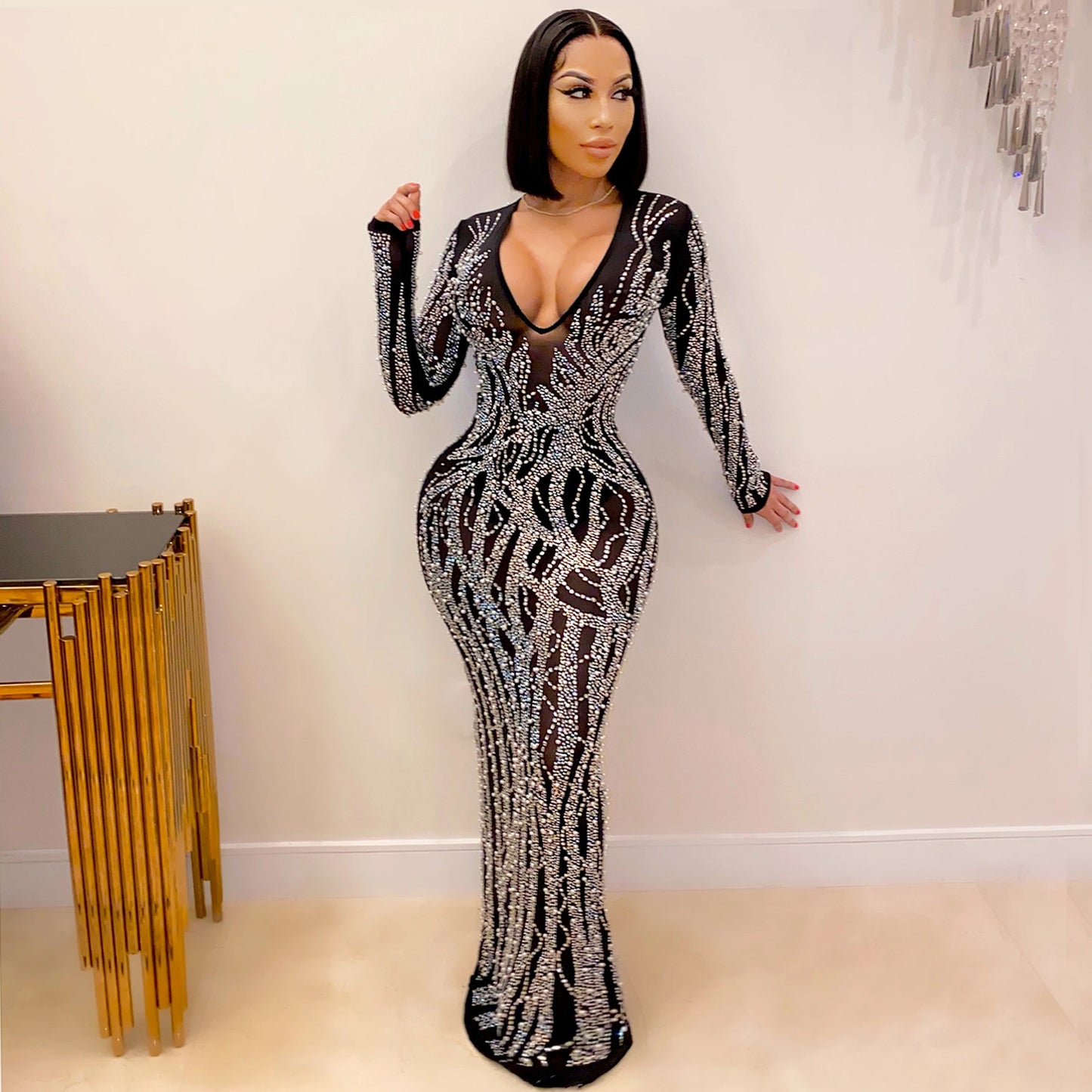 Women's Nightclub Sexy Hot Drilling Diamond Grenadine Dresses