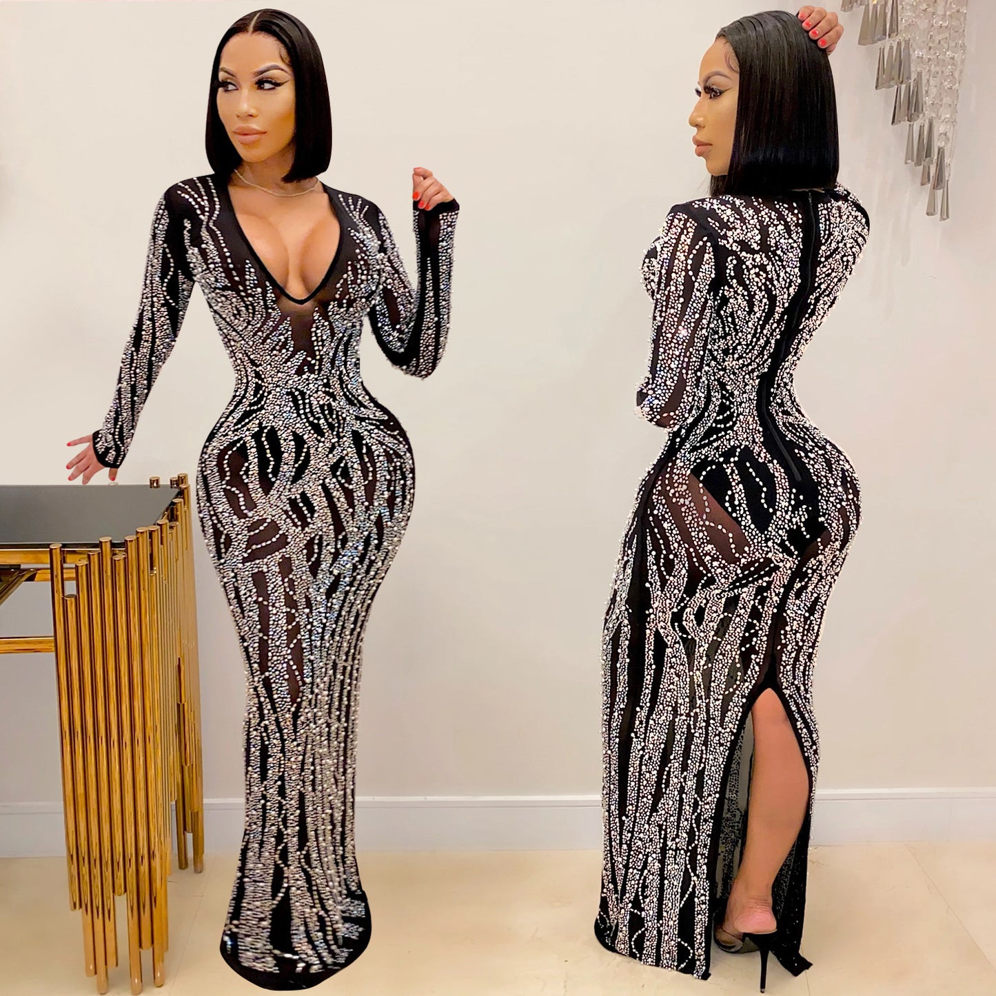 Women's Nightclub Sexy Hot Drilling Diamond Grenadine Dresses