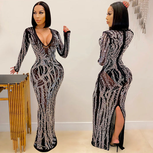 Women's Nightclub Sexy Hot Drilling Diamond Grenadine Dresses