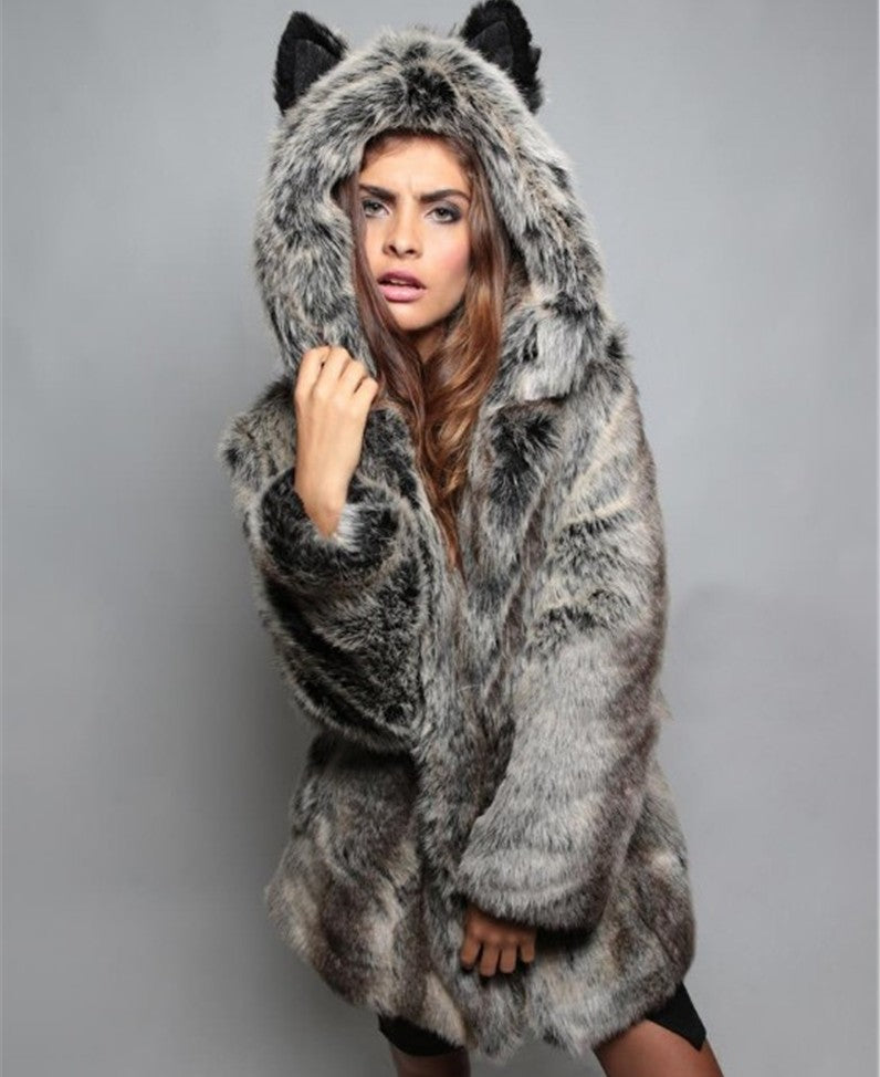 Women's Winter Faux Fur Fox Hooded Trendy Coats