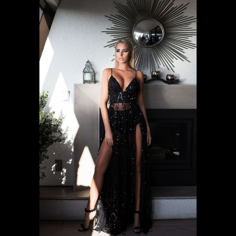 Sexy Backless Black Camisole Sequined Mopping Dresses