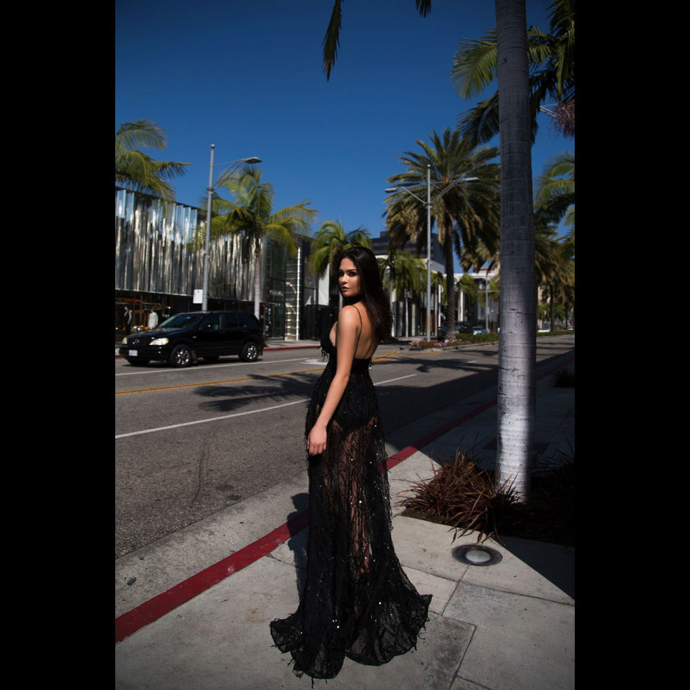 Sexy Backless Black Camisole Sequined Mopping Dresses