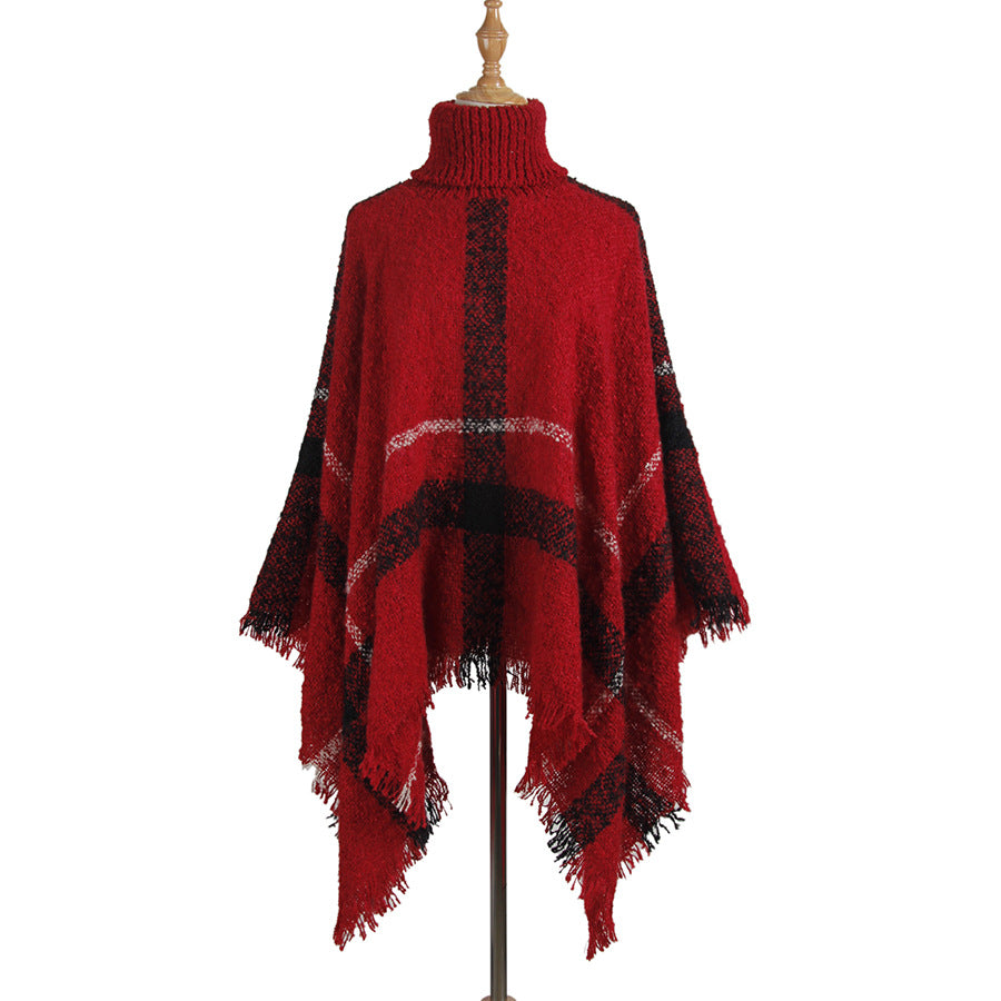 Women's Mid-length Turtleneck Tassel Cape Shawl Loose Plus Size