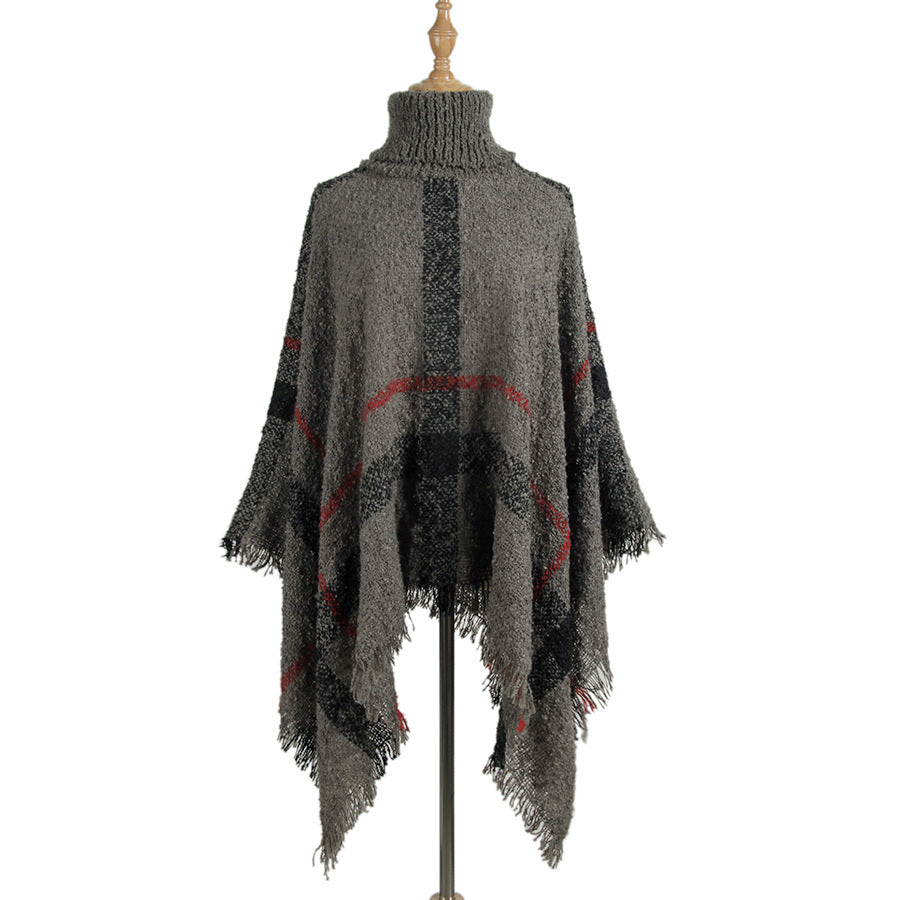 Women's Mid-length Turtleneck Tassel Cape Shawl Loose Plus Size