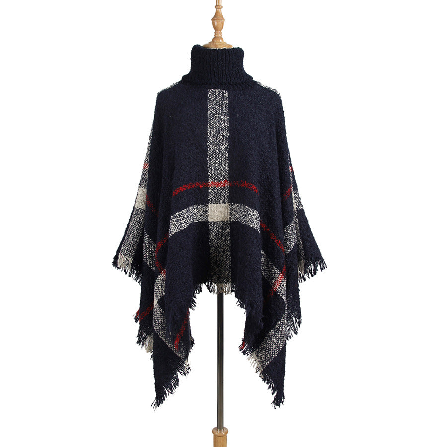 Women's Mid-length Turtleneck Tassel Cape Shawl Loose Plus Size