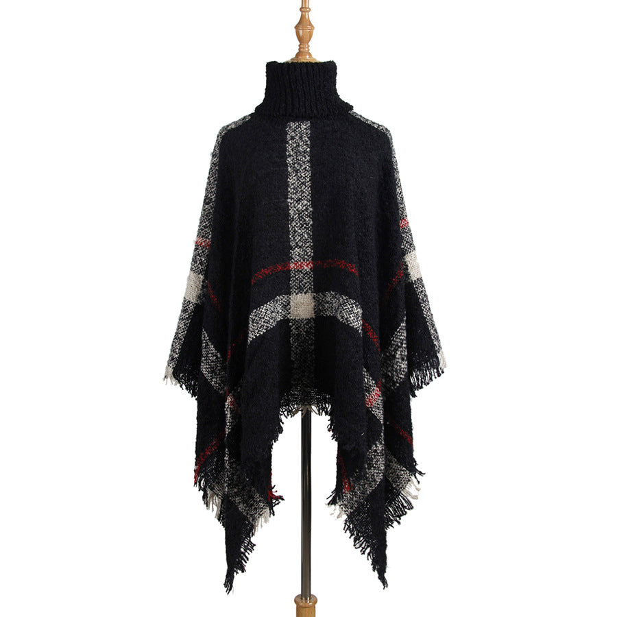 Women's Mid-length Turtleneck Tassel Cape Shawl Loose Plus Size