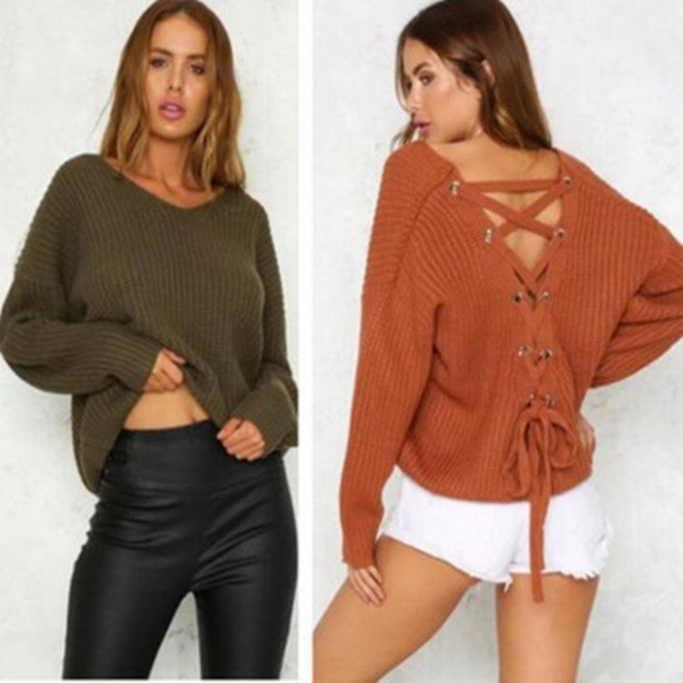 Loose Eyelet Cross Strap Drawstring Hollow Women's Sweater