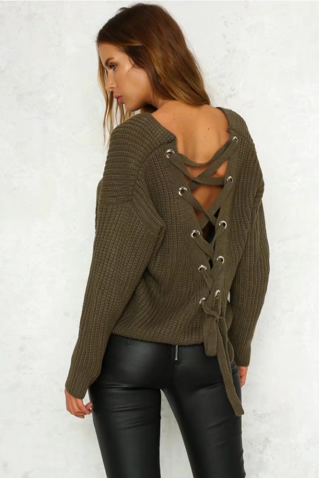 Loose Eyelet Cross Strap Drawstring Hollow Women's Sweater