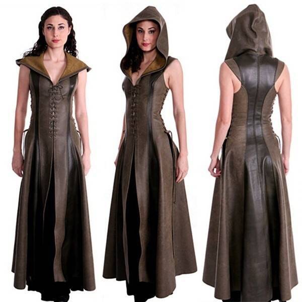 Chest Five Sleeveless Hooded Length Leather Dresses