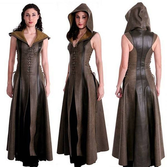 Chest Five Sleeveless Hooded Length Leather Dresses
