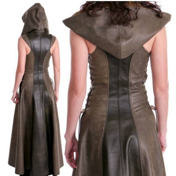 Chest Five Sleeveless Hooded Length Leather Dresses