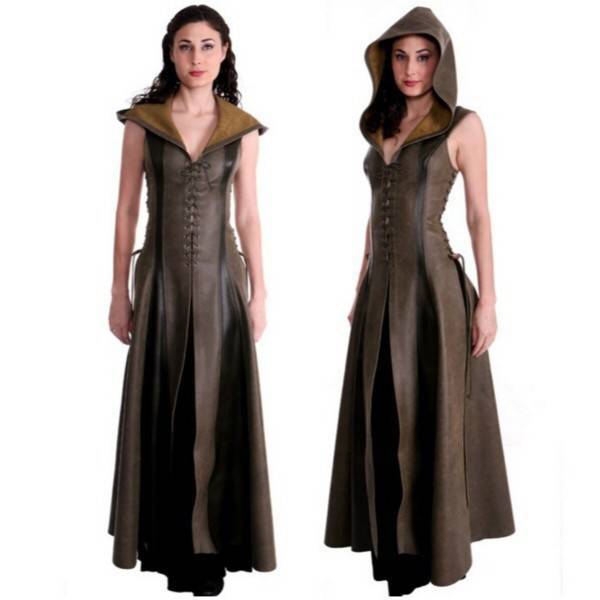 Chest Five Sleeveless Hooded Length Leather Dresses