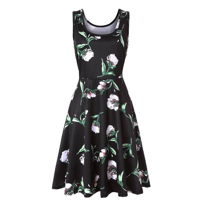 Woman Summer Beach Round Neck Sleeveless Swing Dress
