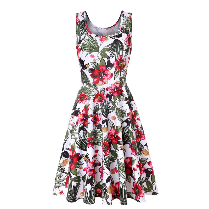 Woman Summer Beach Round Neck Sleeveless Swing Dress