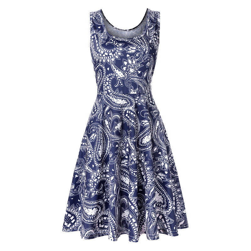 Woman Summer Beach Round Neck Sleeveless Swing Dress