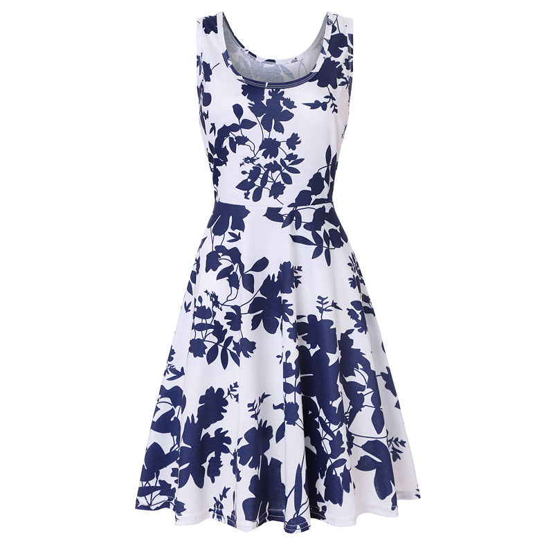 Woman Summer Beach Round Neck Sleeveless Swing Dress