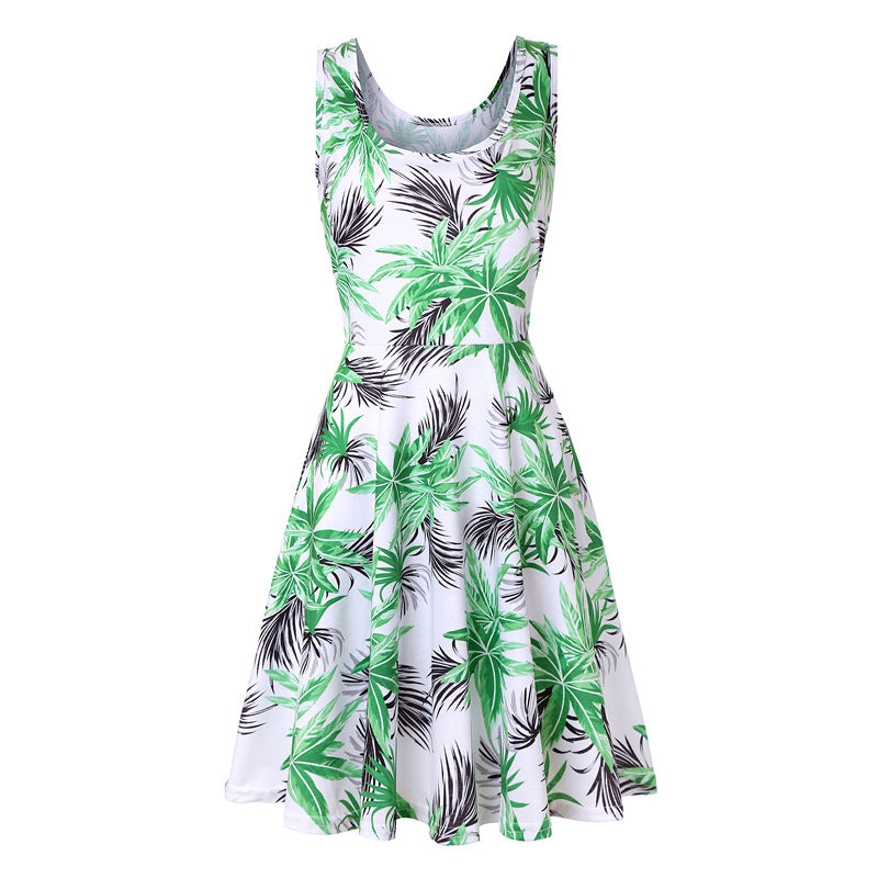 Woman Summer Beach Round Neck Sleeveless Swing Dress