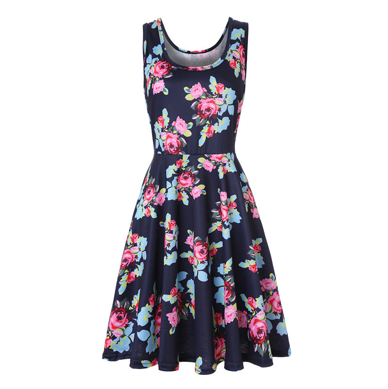 Woman Summer Beach Round Neck Sleeveless Swing Dress