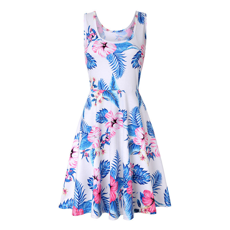 Woman Summer Beach Round Neck Sleeveless Swing Dress