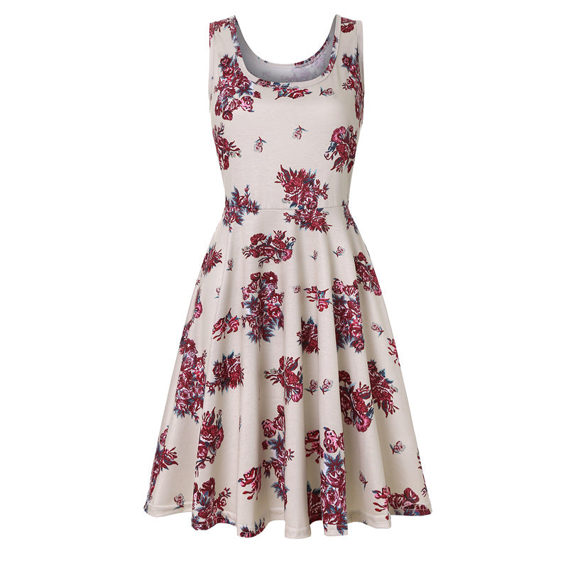 Woman Summer Beach Round Neck Sleeveless Swing Dress