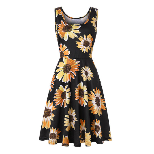 Woman Summer Beach Round Neck Sleeveless Swing Dress