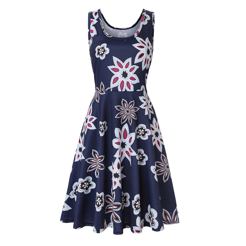Woman Summer Beach Round Neck Sleeveless Swing Dress