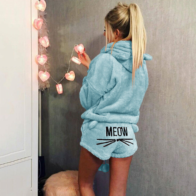 Women's Autumn Cat Embroidery Pajamas Hooded Two-piece Fashion Casual Suit