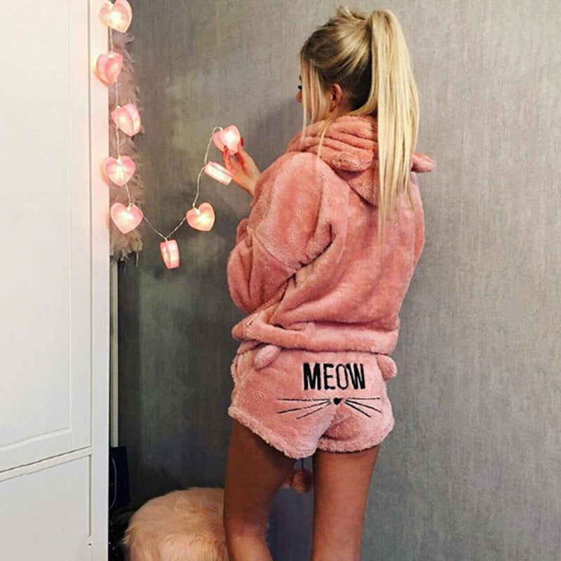 Women's Autumn Cat Embroidery Pajamas Hooded Two-piece Fashion Casual Suit
