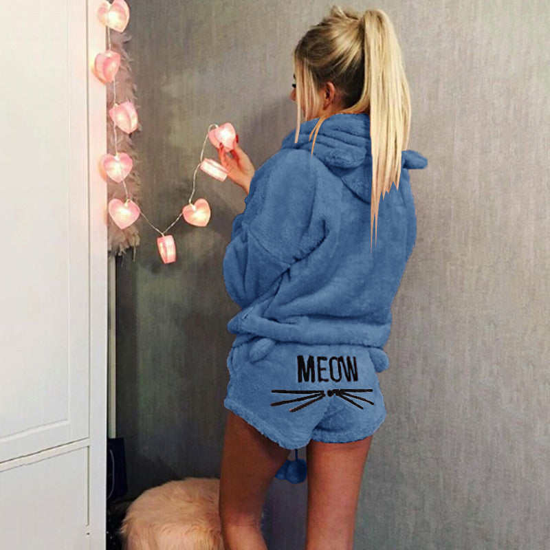 Women's Autumn Cat Embroidery Pajamas Hooded Two-piece Fashion Casual Suit