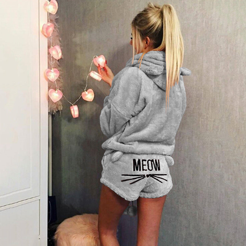 Women's Autumn Cat Embroidery Pajamas Hooded Two-piece Fashion Casual Suit