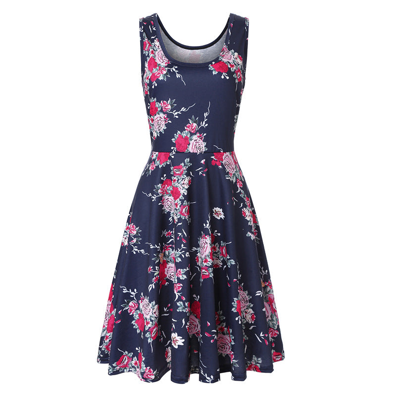 Woman Summer Beach Round Neck Sleeveless Swing Dress