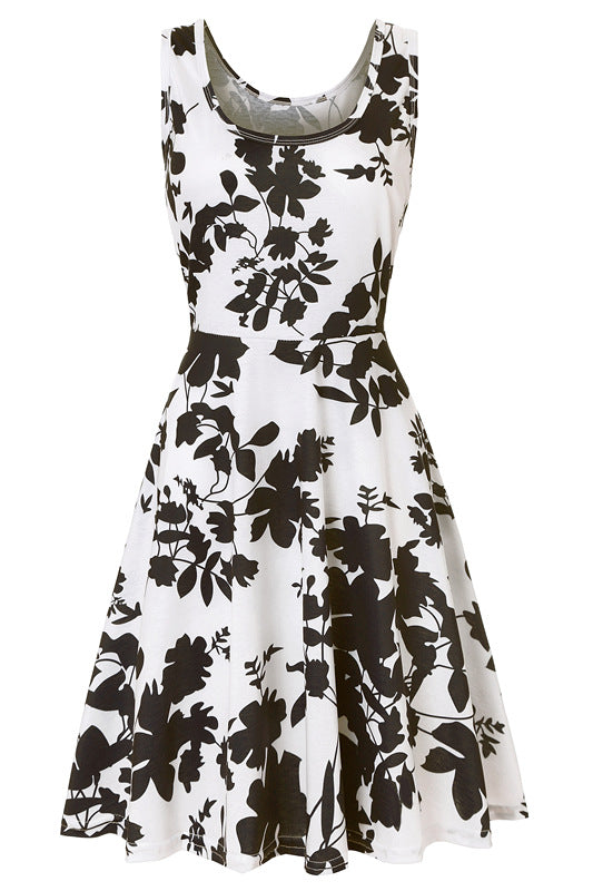 Woman Summer Beach Round Neck Sleeveless Swing Dress