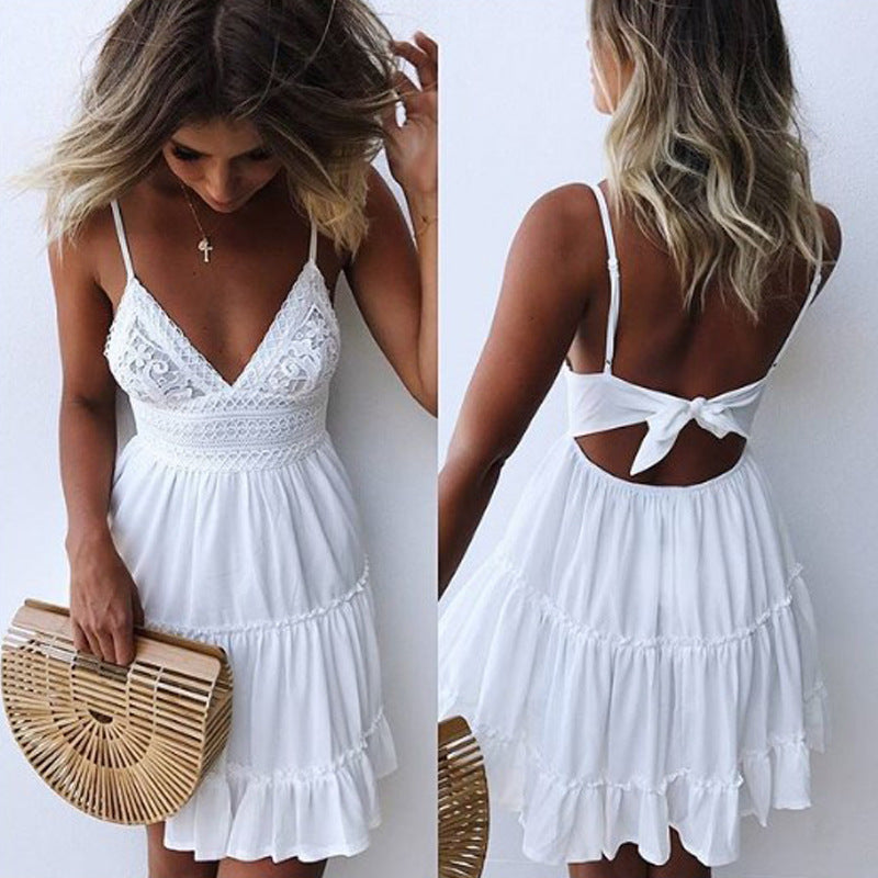 Women's Sexy Lace Sling Stitching Backless Dress