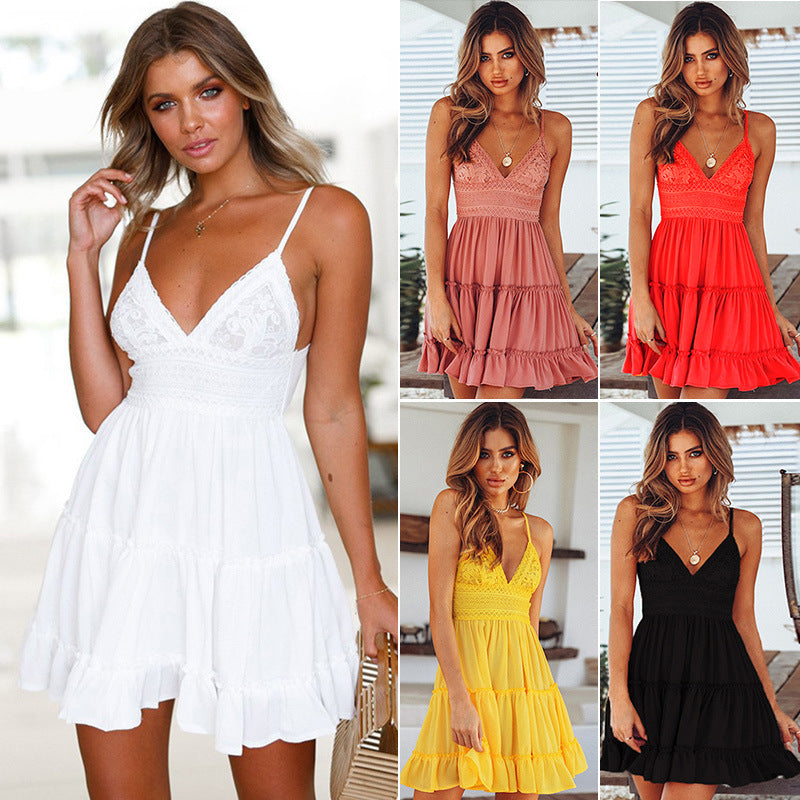 Women's Sexy Lace Sling Stitching Backless Dress