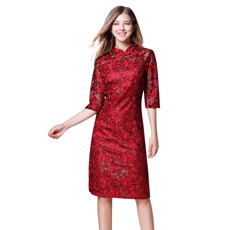 Improvement Chinese Style Cheongsam Lace Mother-in-law Dresses